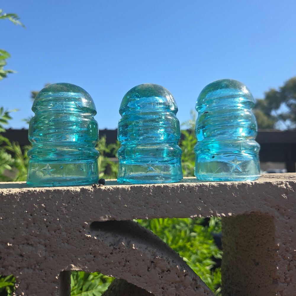 Antique Teal Aqua 5 point Star Glass Insulators Set of 3